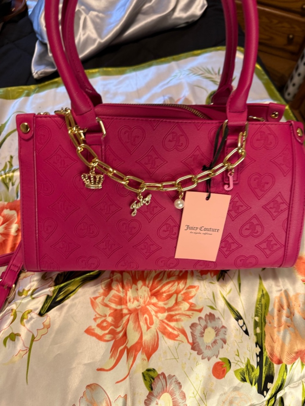 Juicy Couture Pink Embossed Barrel Satchel w/ Charm Chain – NWT